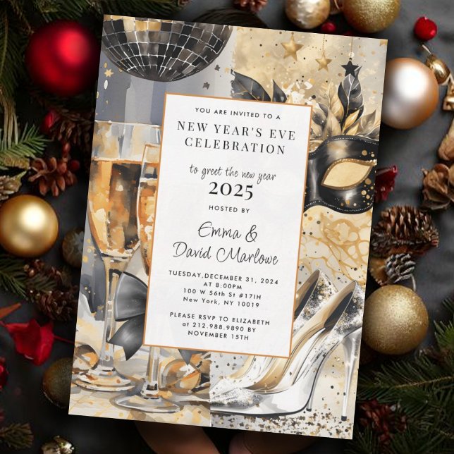 New Year's Party 2025 Black Gold Glitter  Invitation (Creator Uploaded)