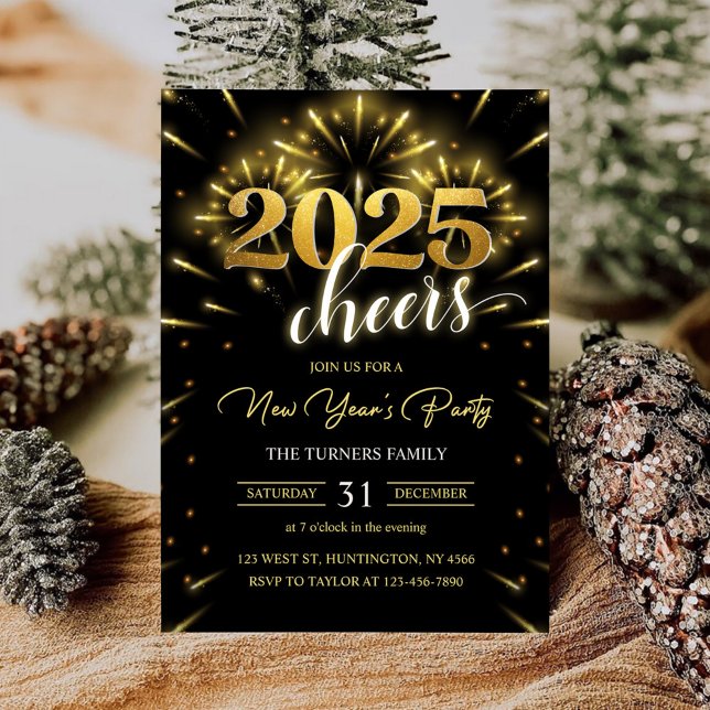 New Year's Party 2025 Gold Black Modern Invitation (Creator Uploaded)