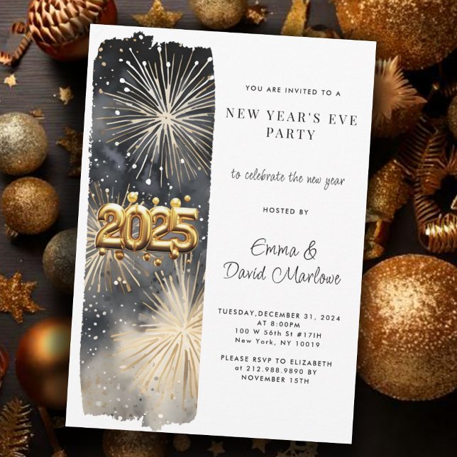New Year's Party 2025 Gold Glitter Fireworks Invitation (Creator Uploaded)