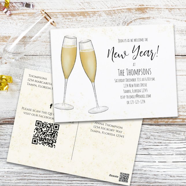 New Years Party Champagne QR Code Pre Addressed  Postcard (Creator Uploaded)