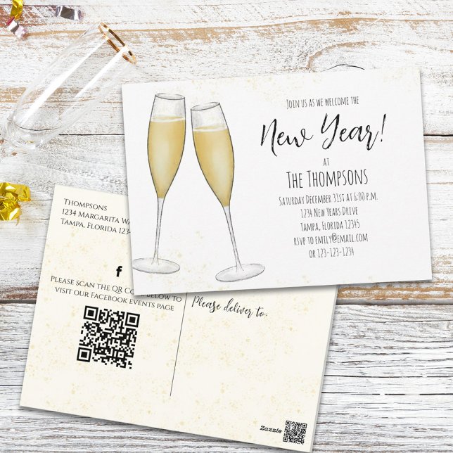 New Years Party Champagne QR Code Social Media Postcard (Creator Uploaded)