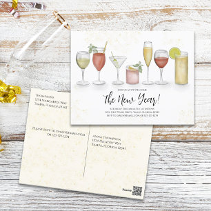 New Years Party Cocktails Watercolor Pre Addressed Postcard
