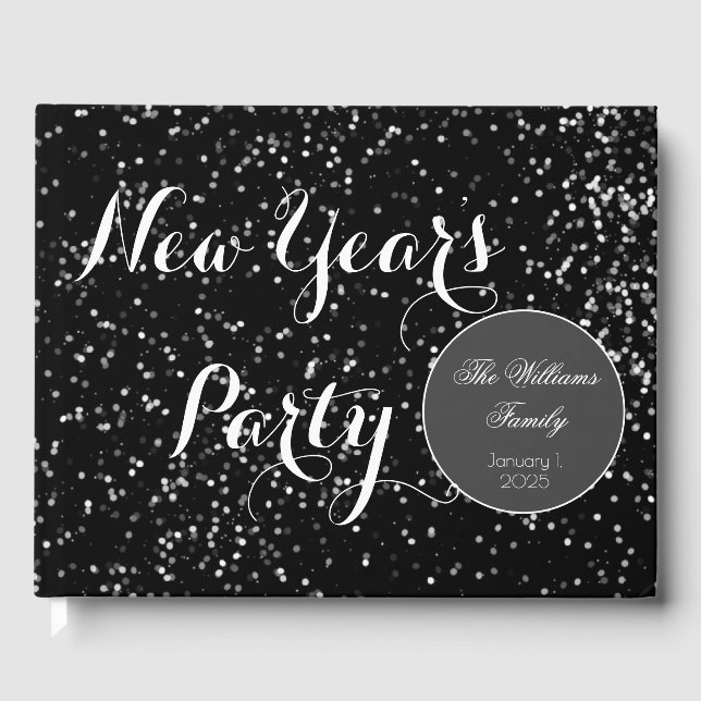 New Year's Party Elegant Script Black White Modern Guest Book (Front)