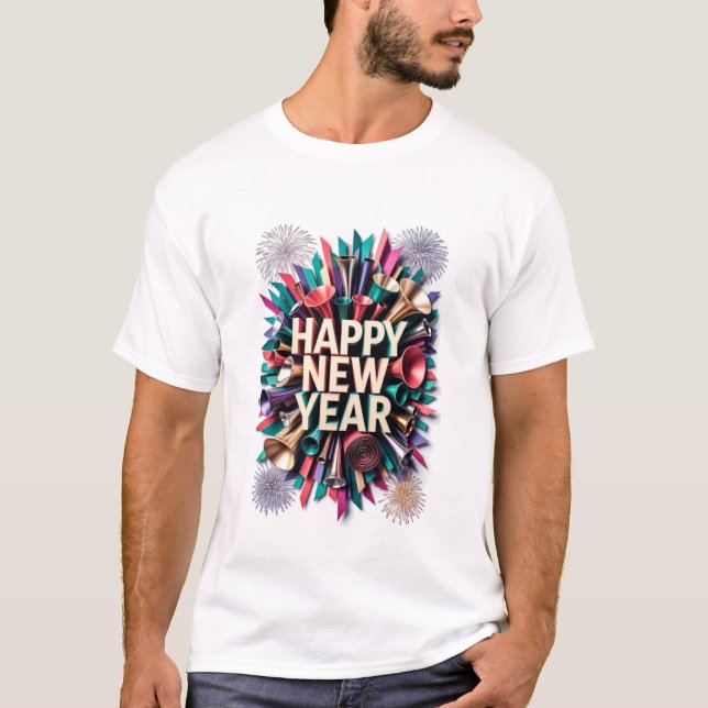 New Year's Party Horn T-Shirt, Confetti Burst T-Shirt (Front)