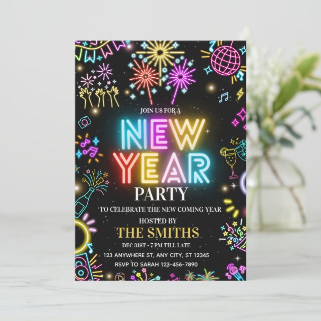 New Years Party invite, Glow NYE invitation (Standing Front)