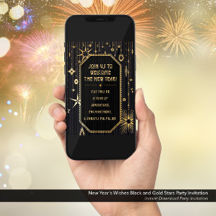 New Year's Wishes Black and Gold Party Invitation
