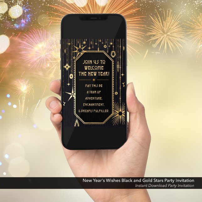 New Year's Wishes Black and Gold Party Invitation (New Year's Eve Party E-Card Invitation Slide 1: Glamorous, Art Deco, Retro, Black with Gold Stars)