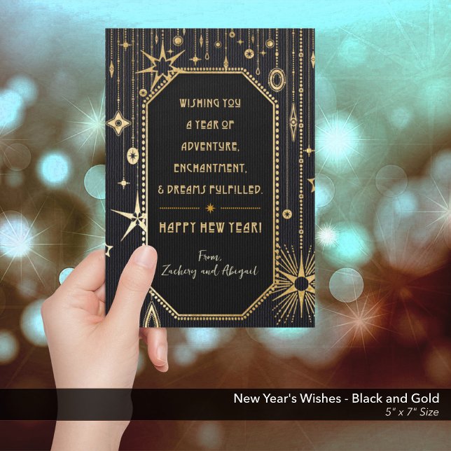 New Year's Wishes Black Gold Photo Holiday Card (New Year's Wishes Black and Gold Holiday Card)