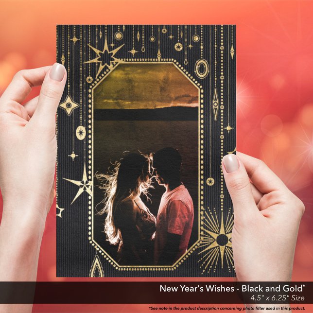 New Year's Wishes Black Gold Photo Holiday Card (New Year's Wishes Black and Gold Holiday Card)