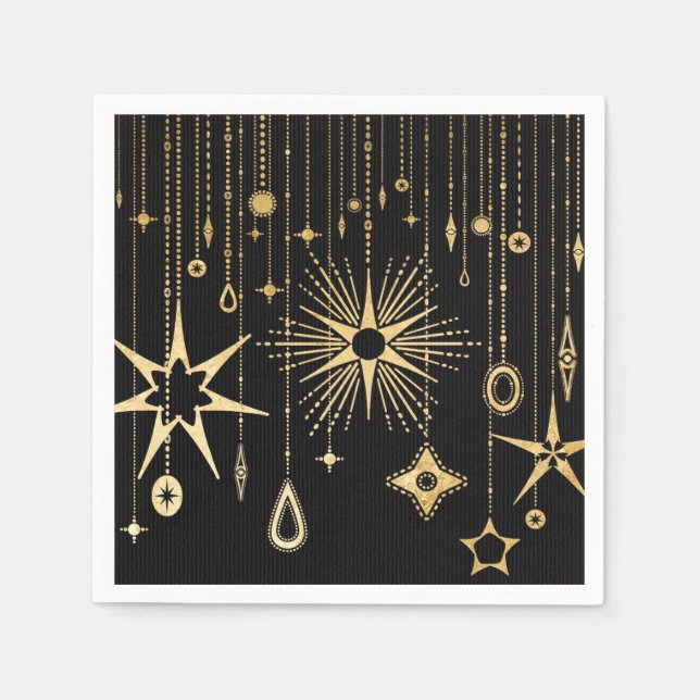 New Year's Wishes Stars Black and Gold Napkin (Front)