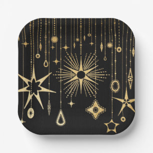 New Year's Wishes Stars Black and Gold Paper Plate