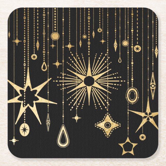 New Year's Wishes Stars Black and Gold Square Paper Coaster (Front)