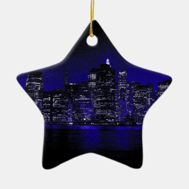 New York At Night Ceramic Tree Decoration (Front)