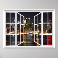 New York At Night White 24 Pane Open Window Poster