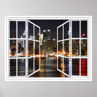 New York At Night White 24 Pane Open Window Poster