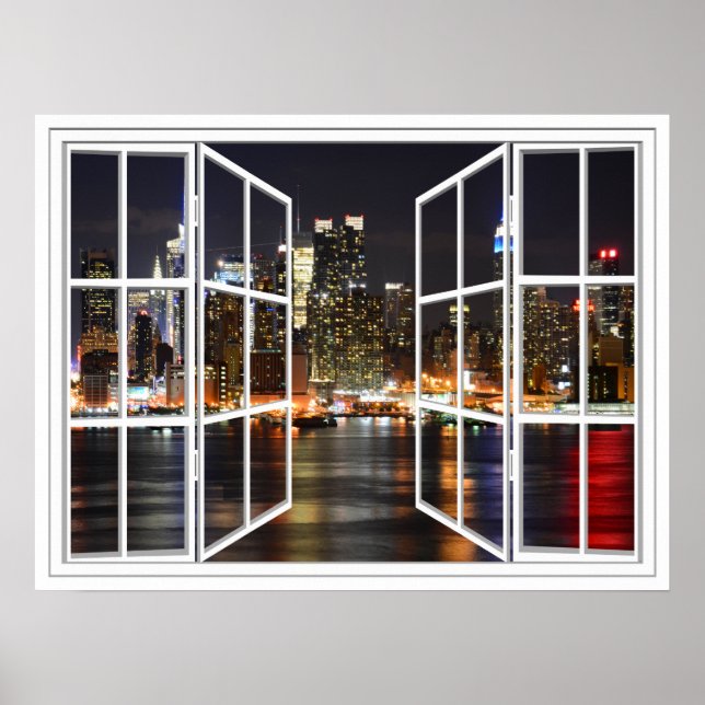 New York At Night White 24 Pane Open Window Poster (Front)