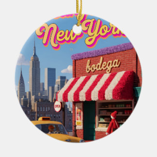 New York Bodega Night Taxi Skyline Poster Ceramic Ornament