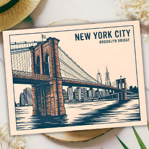 New York Brooklyn Bridge Skyline Bold Retro Travel Postcard