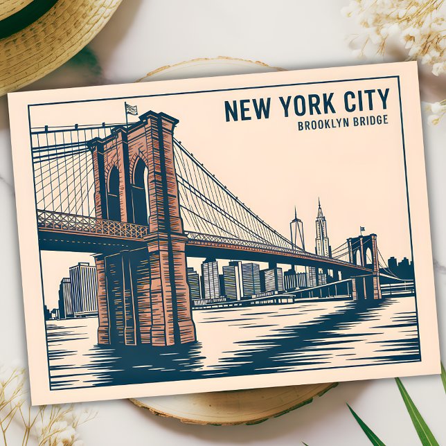 New York Brooklyn Bridge Skyline Bold Retro Travel Postcard (New York Brooklyn Bridge Skyline Bold Retro Travel Postcard)