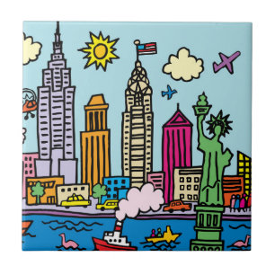 New York Cartoon Sightseeing Buildings Ceramic Tile