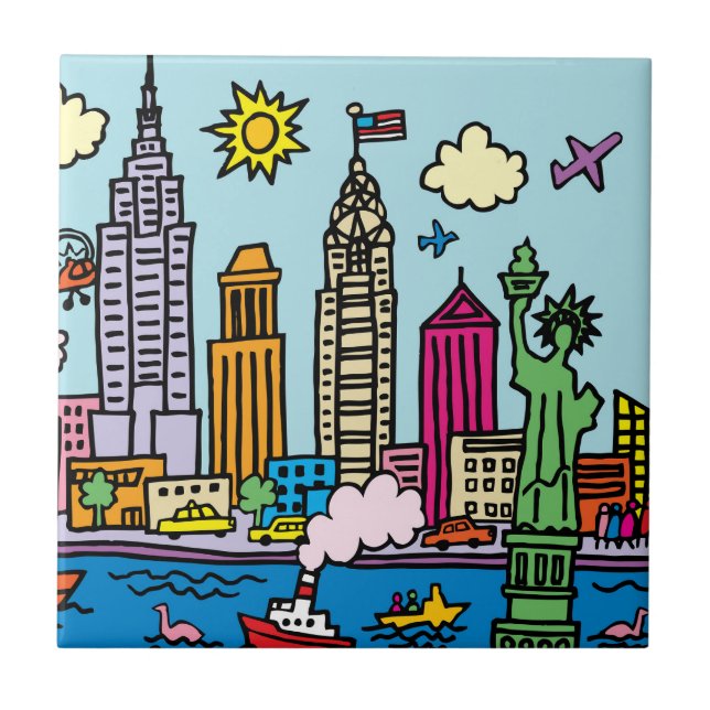 New York Cartoon Sightseeing Buildings Ceramic Tile (Front)