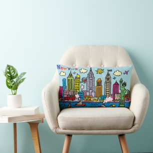 New York Cartoon Sightseeing Buildings Lumbar Cushion