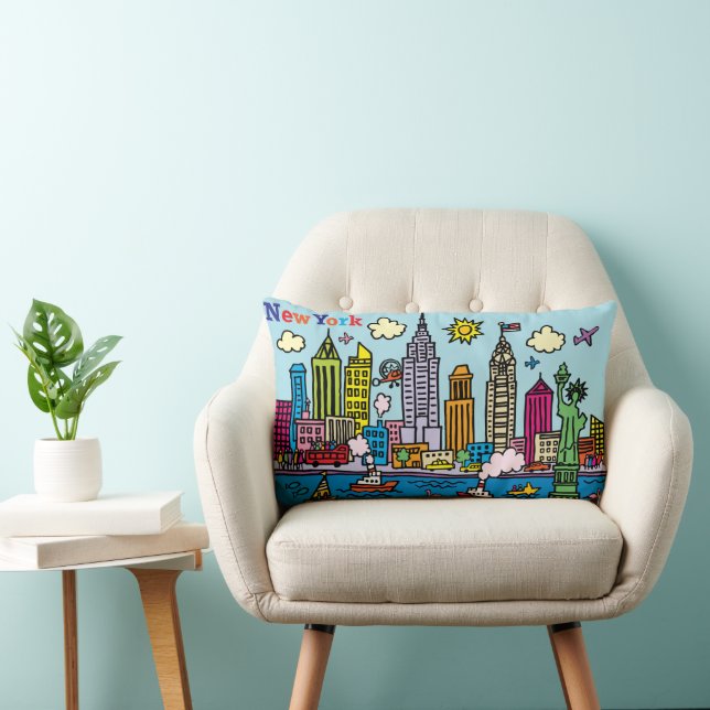 New York Cartoon Sightseeing Buildings Lumbar Cushion (Chair)