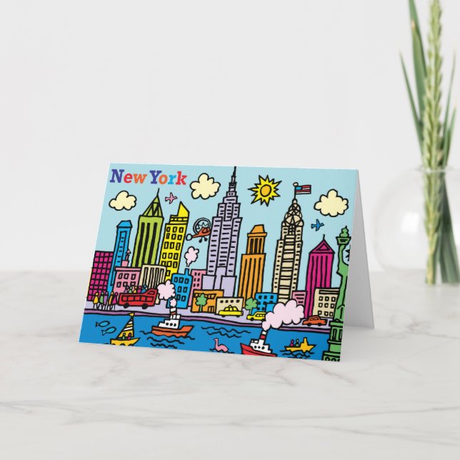 New York Cartoon Sightseeing Buildings Thank You Card (Front)