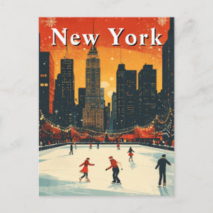 New York Christmas Ice Skating Retro Postcard