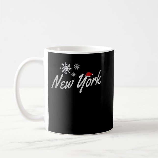 New York Christmas with Snowflakes and Santa Hat  Coffee Mug (Left)