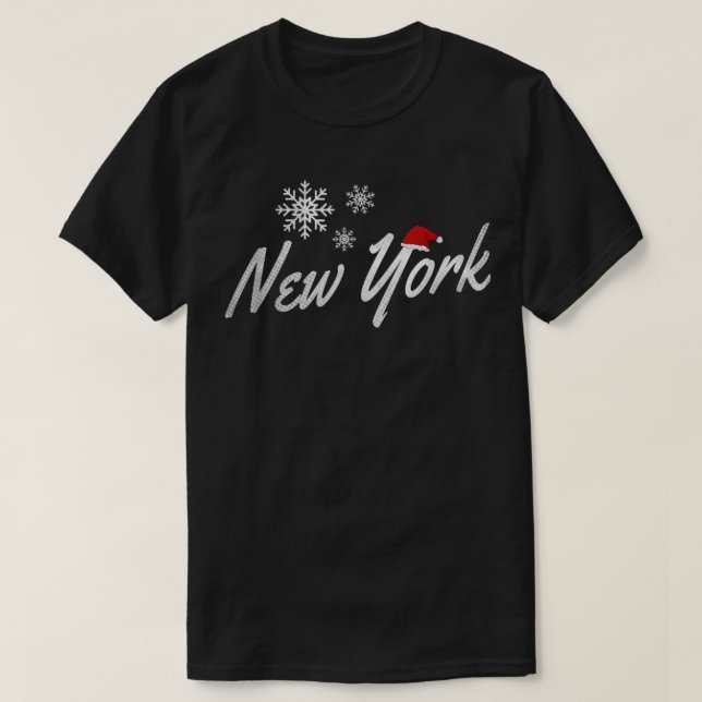 New York Christmas with Snowflakes and Santa Hat  T-Shirt (Design Front)