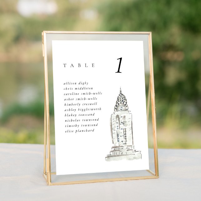 New York Chrysler Building Wedding Seating Chart (Watercolor Chrysler Building chic New York Wedding table number cards.)