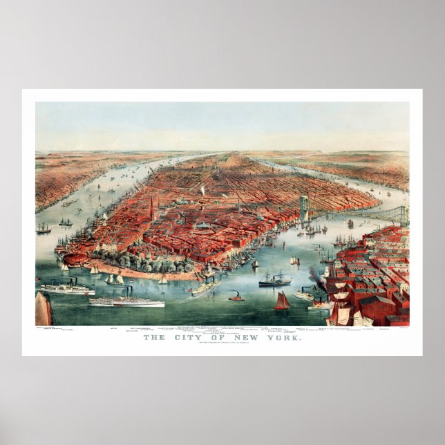 New York City, 1870 Bird's Eye View Map Print (Front)