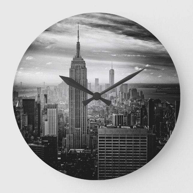 New York City Black and White Skyline Large Clock (Front)