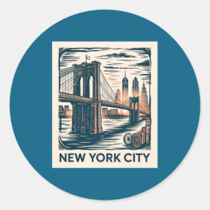 New York City Brooklyn Bridge Bold Retro Skyline _ Classic Round Sticker