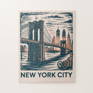 New York City Brooklyn Bridge Bold Retro Skyline Jigsaw Puzzle