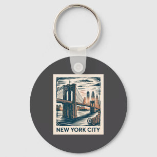 New York City Brooklyn Bridge Bold Retro Skyline _ Key Ring