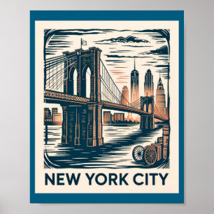 New York City Brooklyn Bridge Bold Retro Skyline  Poster