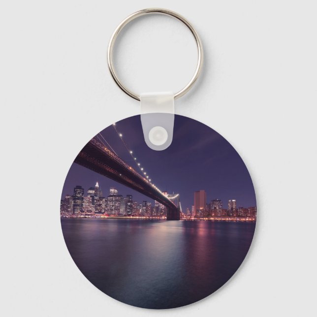 New York City Brooklyn Bridge Night Skyline Key Ring (Front)