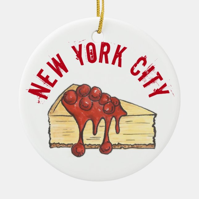New York City Cherry Cheesecake Slice NYC Ceramic Ornament (Front)