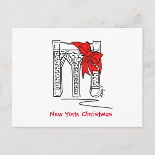 New York City Christmas NYC Brooklyn Bridge Bow Holiday Postcard