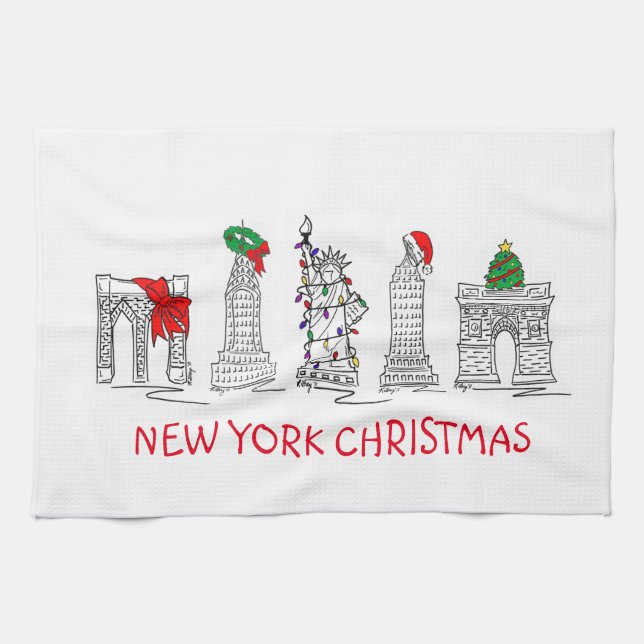 New York City Christmas NYC Buildings Xmas Holiday Tea Towel (Horizontal)