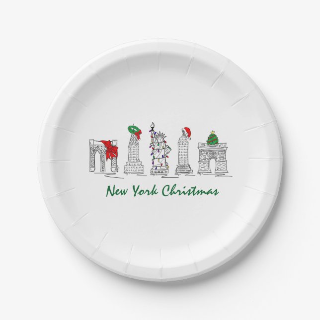 New York City Christmas NYC Landmarks Holiday Paper Plate (Front)