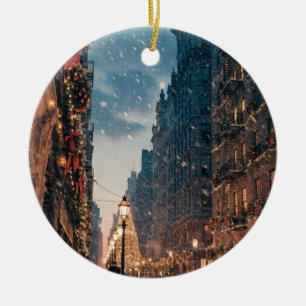New York City Christmas Snow Poster Ceramic Ornament