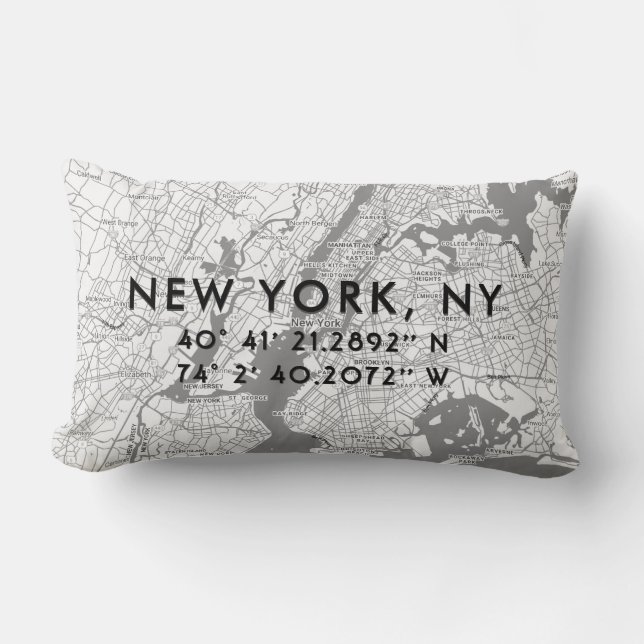 New York City Custom Map | Black White Grey Lumbar Cushion (Front)