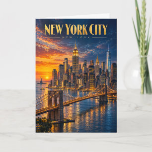 New York City Golden Skyline Sunset Travel Poster Card