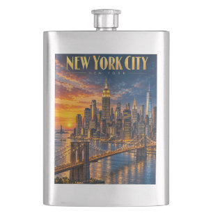 New York City Golden Skyline Sunset Travel Poster Hip Flask