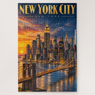 New York City Golden Skyline Sunset Travel Poster Jigsaw Puzzle