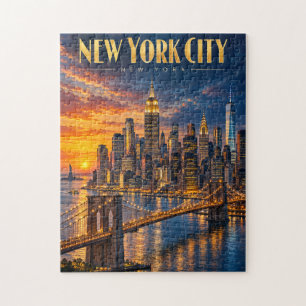 New York City Golden Skyline Sunset Travel Poster Jigsaw Puzzle
