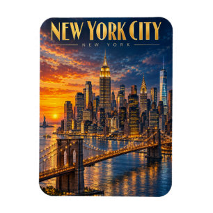 New York City Golden Skyline Sunset Travel Poster Magnet